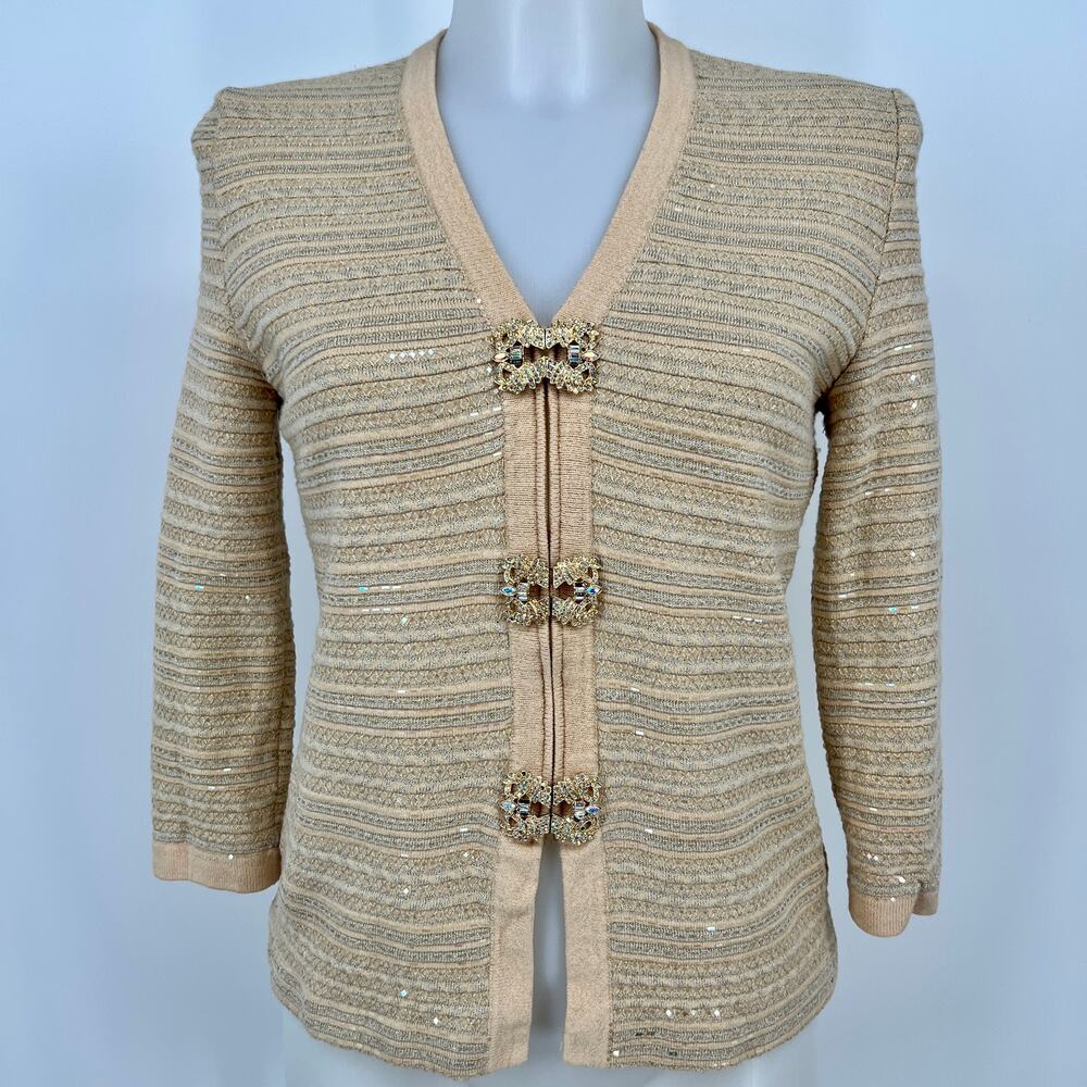 Vtg St. John Evening Beaded Cardigan Sweater Womens 4 Cream Gold Rhinestone Zip